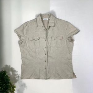 tan cottagecore button shirt Liz & Co size large linen cotton beachy coastal